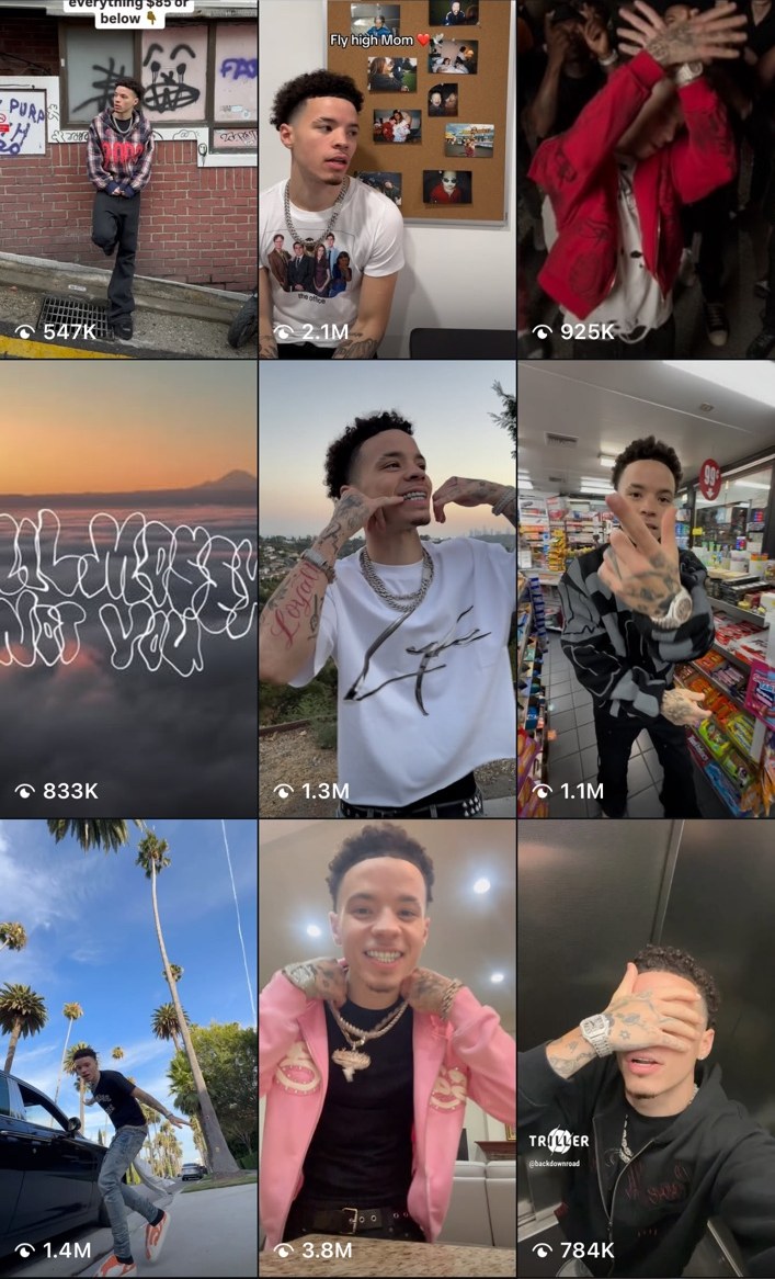 Lil Mosey Instagram Reels grid showing multiple posts with more than one million views