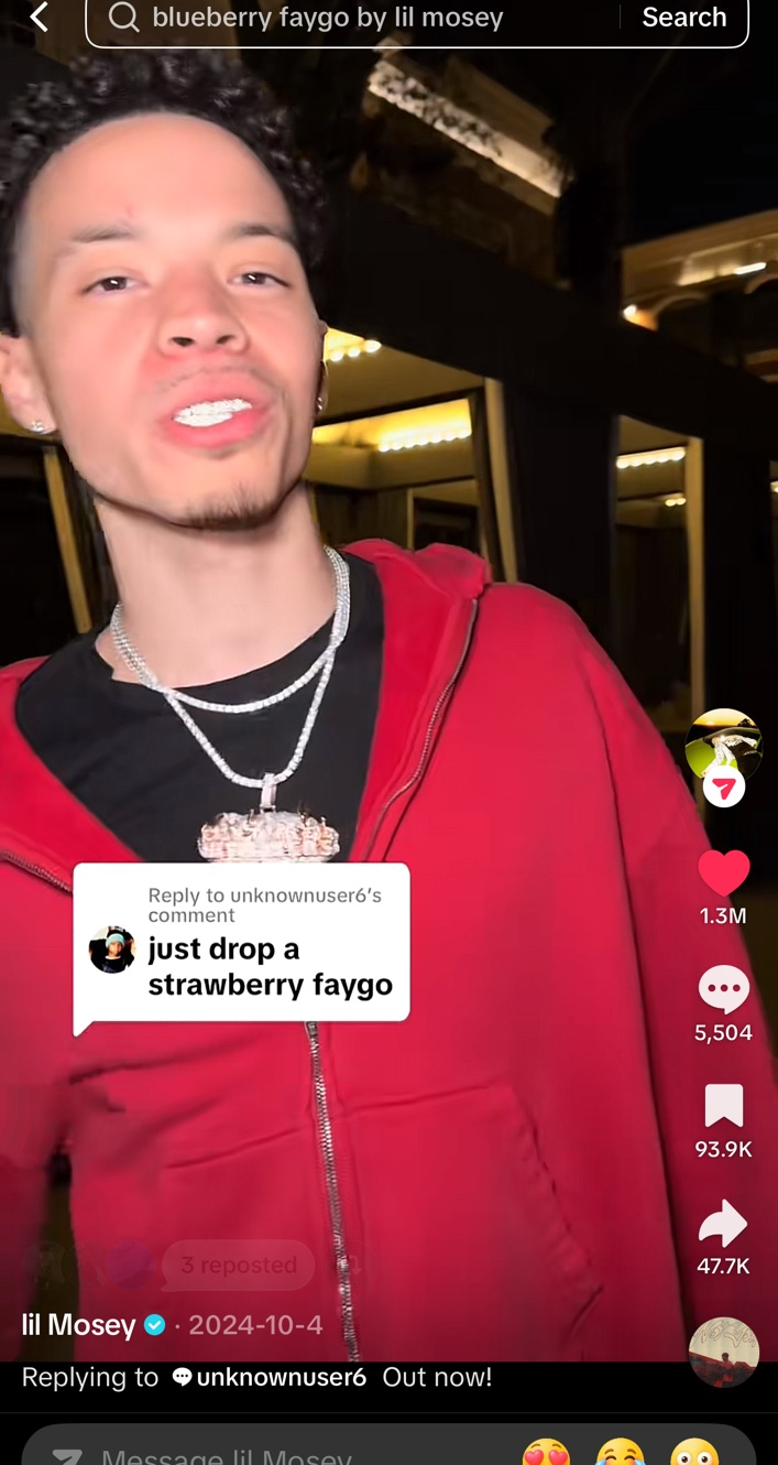 Lil Mosey Strawberry Faygo fan-response TikTok with engagement metrics