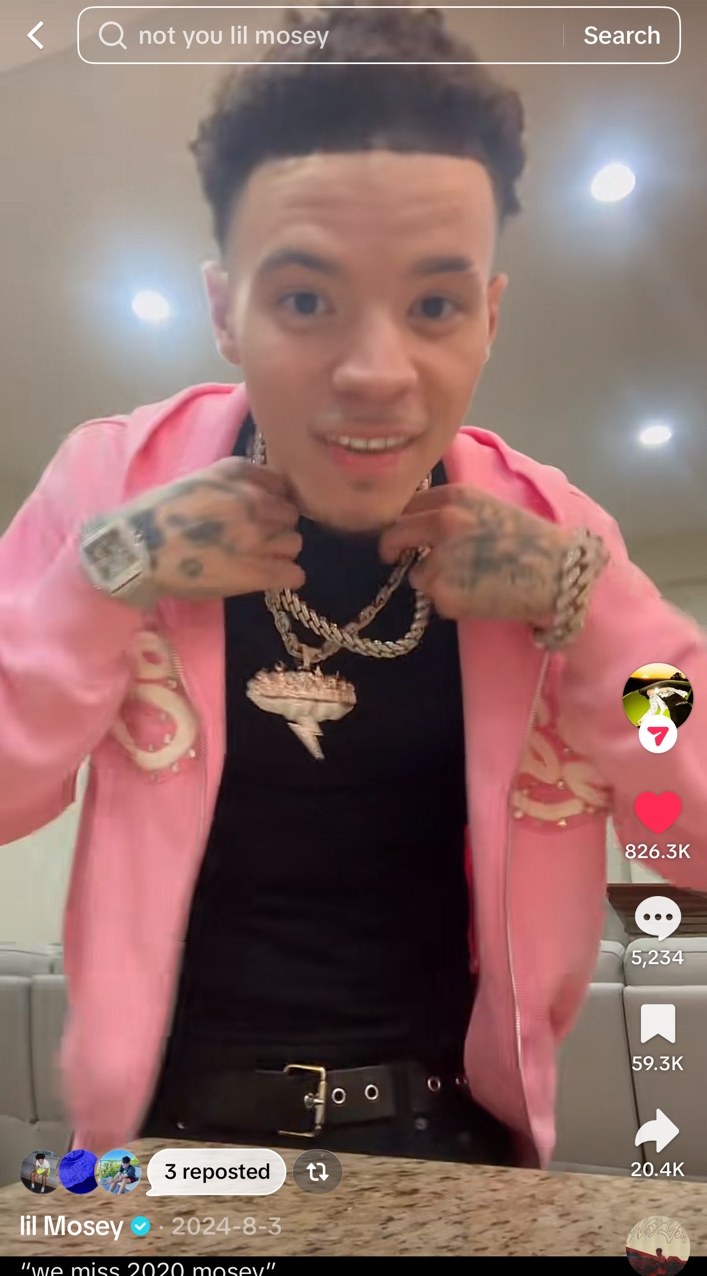 Lil Mosey TikTok captioned we miss 2020 mosey with 826.3K likes and 20.4K shares