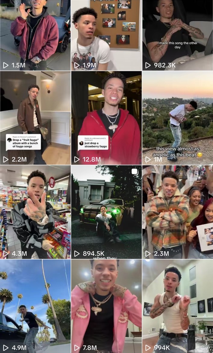 TikTok grid showing Lil Mosey posts with 12.8M, 7.8M, 4.9M, and 4.3M views